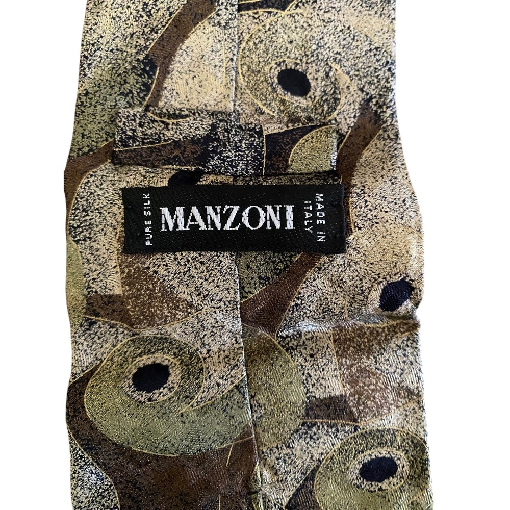 Manzoni Italy Pure Silk Tie Abstract Geometric Swirl Olive Bronze Black Mens‎